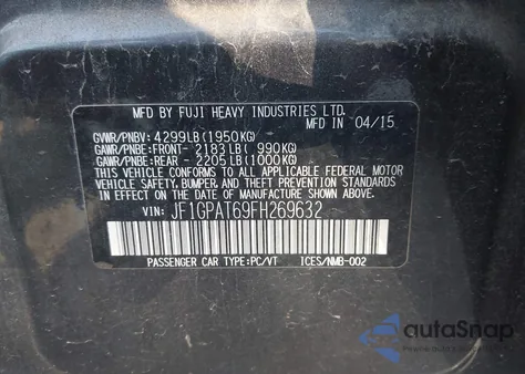 2015 Subaru Impreza 2.0I Sport Premium from USA, damaged, VIN JF1GPAT69FH269632